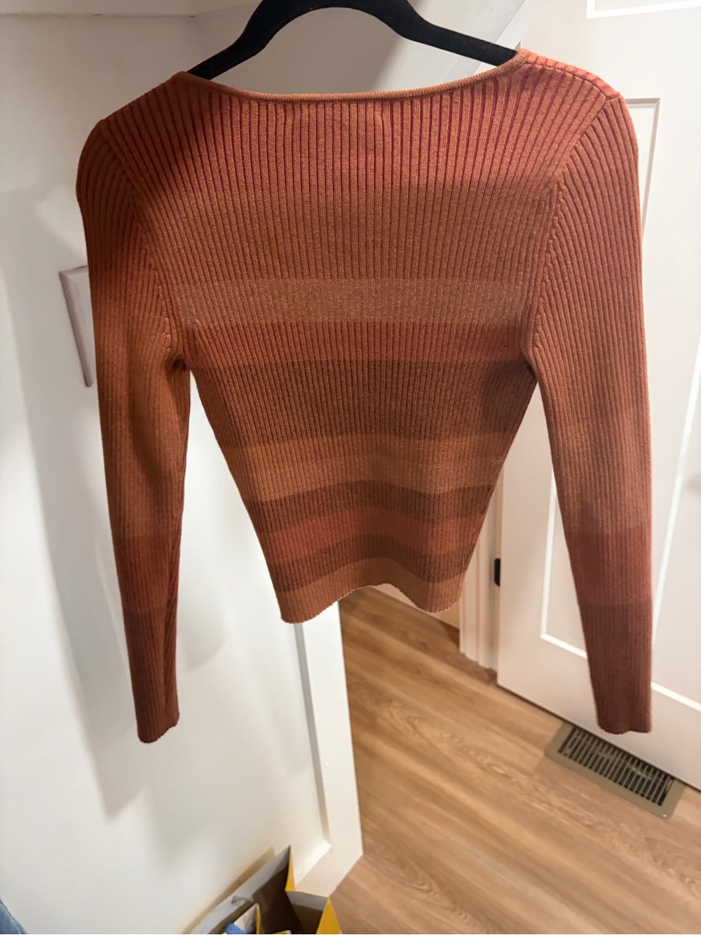 INTERMIX Rust-Brown Striped Ribbed V-Neck Long Sleeve Top with Ring Detail - Picture 4 of 6